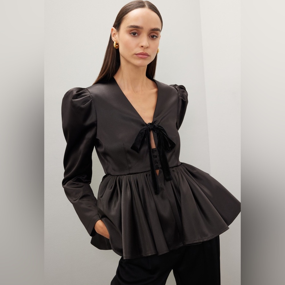 Osman Yousefzada Collective Satin Peplum Blouse Puff Sleeves Velvet Bow Size 10